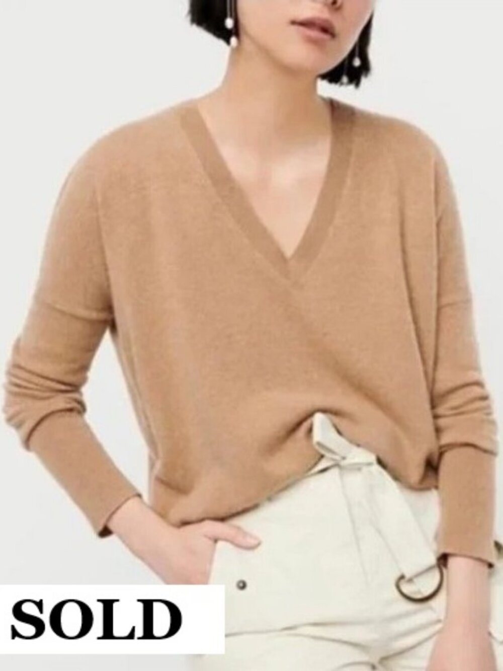 J. Crew 100% Cashmere V-Neck Boyfriend Sweater Sz Small Camel Brown Relaxed Fit